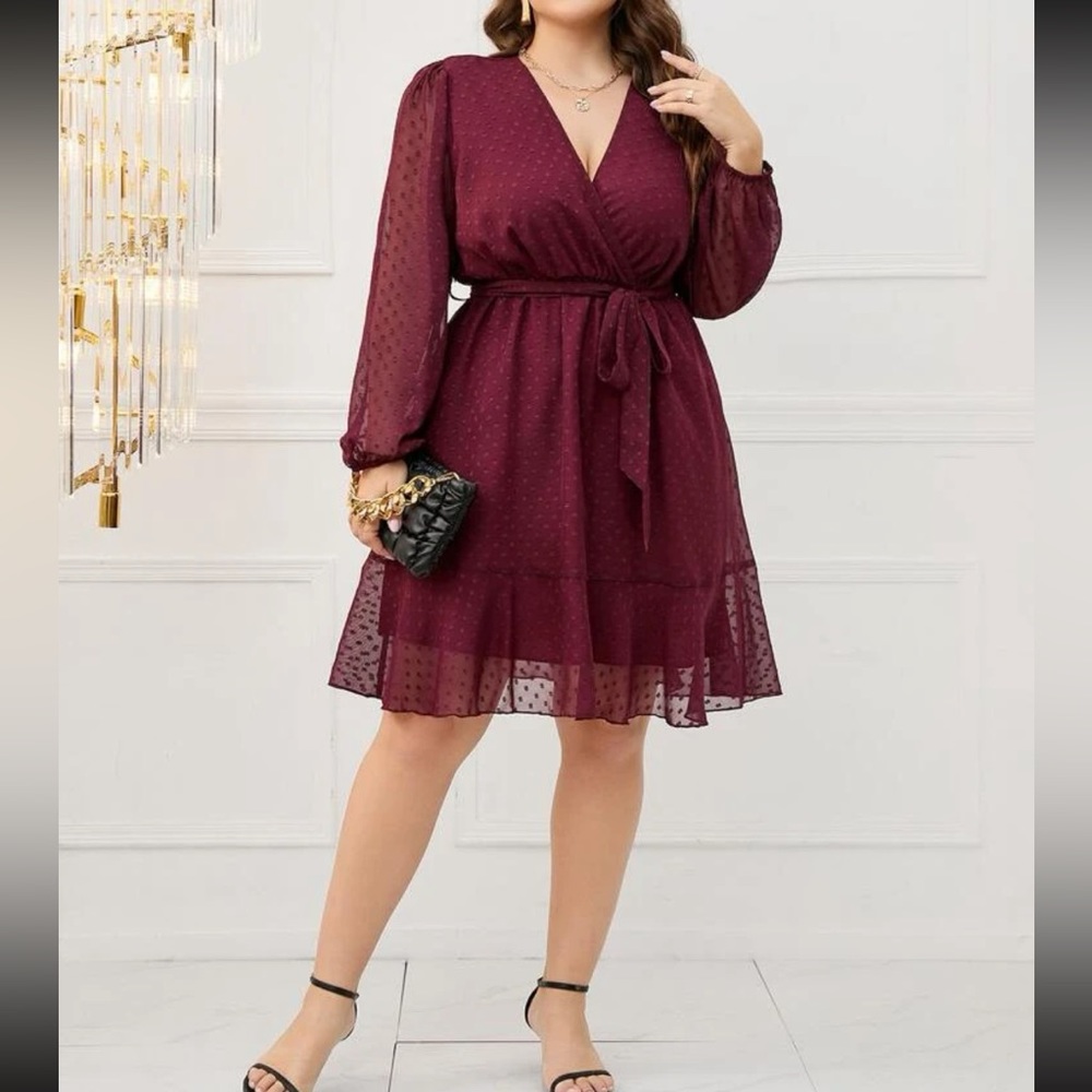 Burgundy plus size  bishop sleeve ruffle hem belted mini dress - Picture 4 of 6